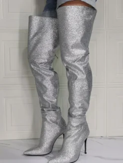 Bottes au-dessus du genou pour femmes bottes hautes en tissu à paillettes et talon aiguille