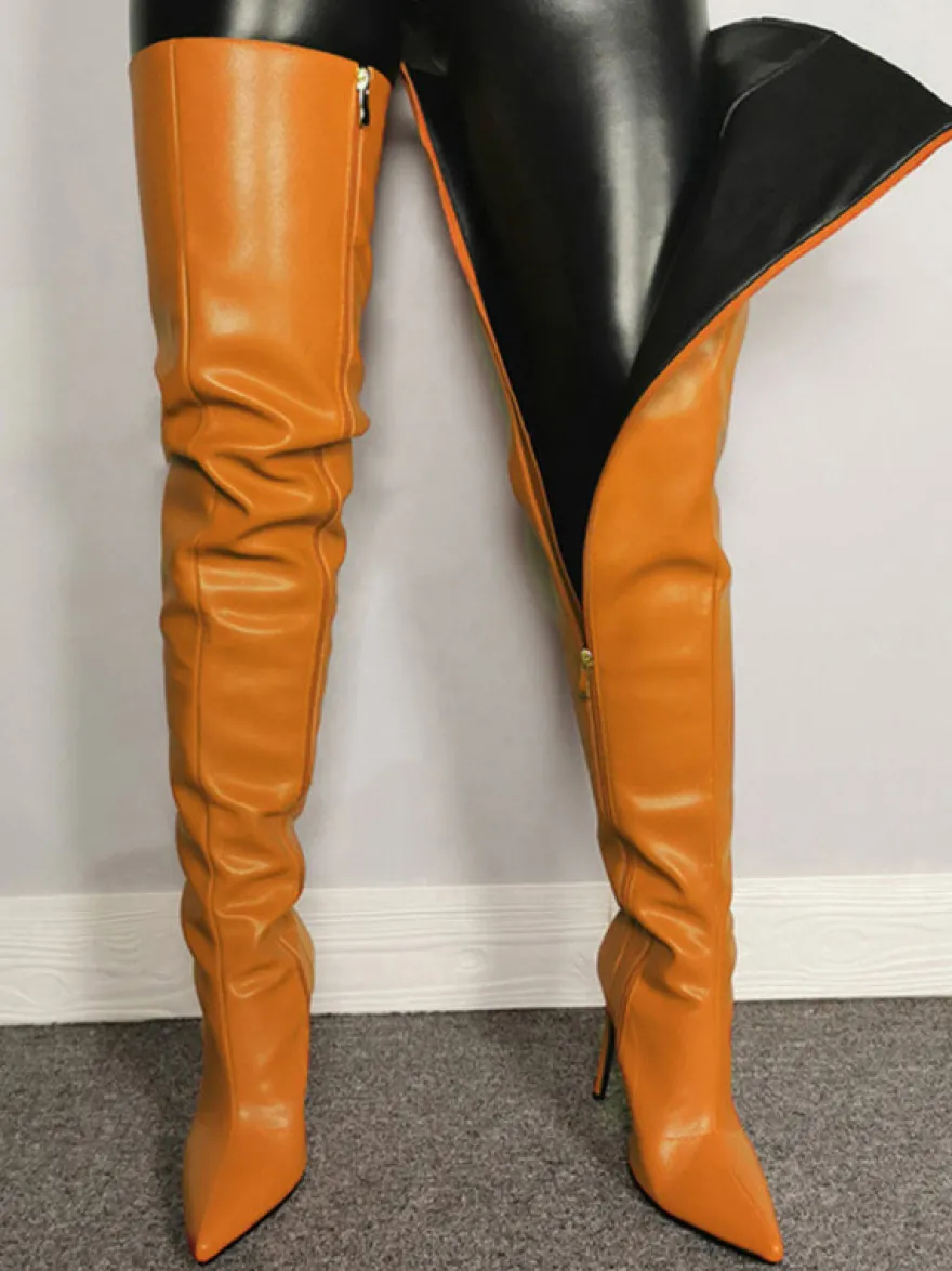 Bottes au-dessus du genou pour femmes bottes à bout pointu fermeture éclair talons aiguilles sexy cuissardes hautes