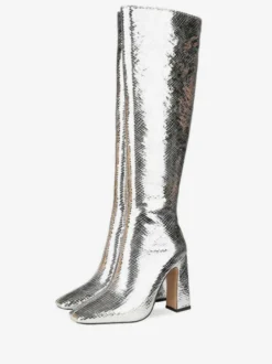 Bottes au genou argent bout carré imprimé serpent talon épais cuir brillant femmes longueur au genou bottes à talons hauts