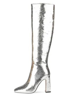 Bottes au genou argent bout carré imprimé serpent talon épais cuir brillant femmes longueur au genou bottes à talons hauts