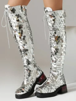 Bottes au genou argentées à plateforme pailletée et à lacets à talon aiguille