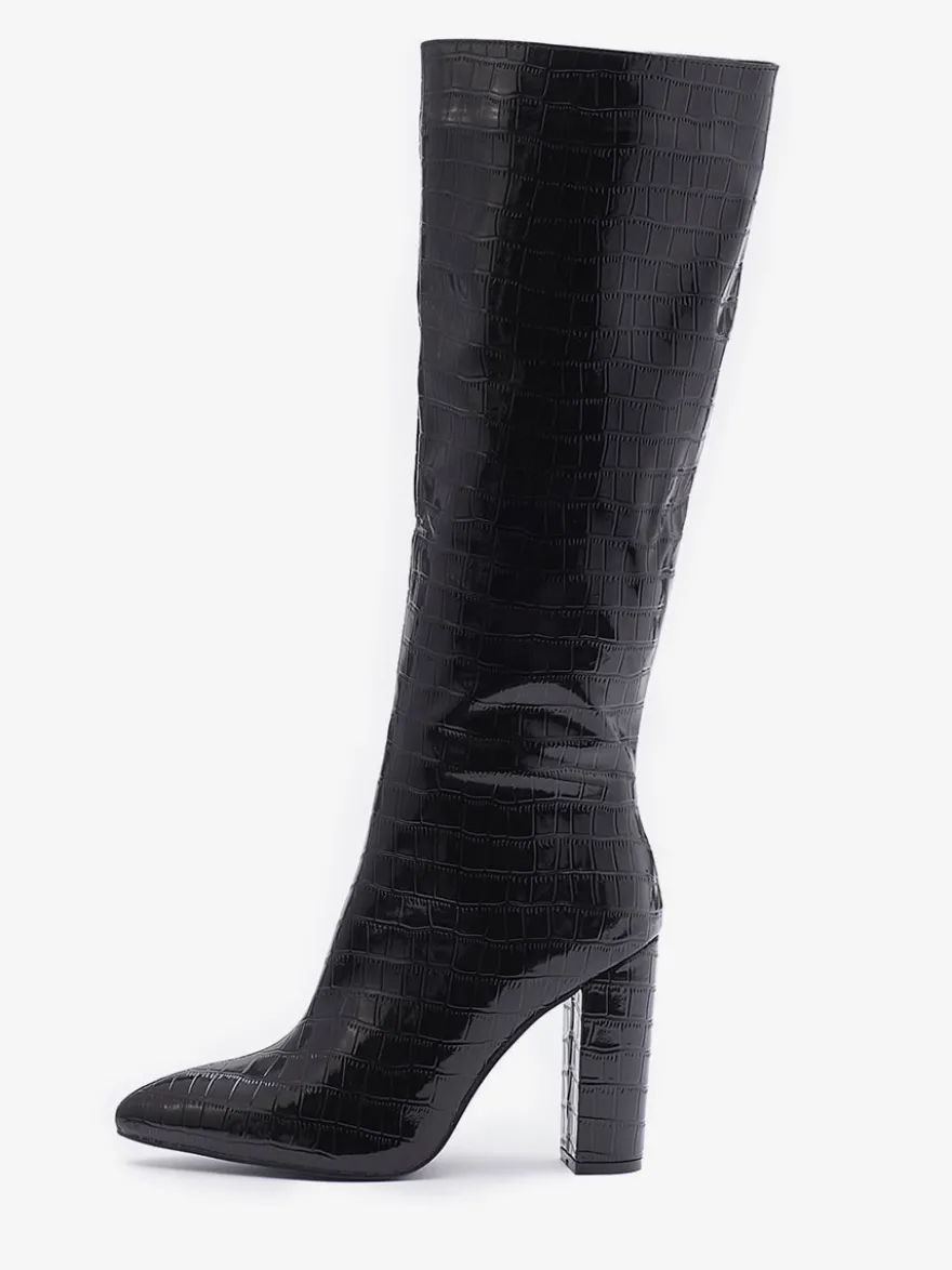 Bottes au Genou Femme en Cuir Synthétique avec Bout Pointu Unicolore