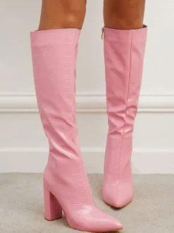 Bottes au Genou Femme en Cuir Synthétique avec Bout Pointu Unicolore