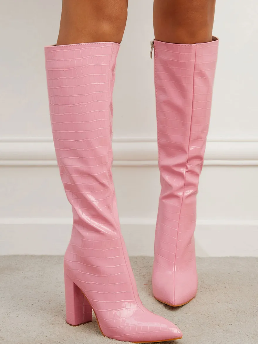 Bottes au Genou Femme en Cuir Synthétique avec Bout Pointu Unicolore