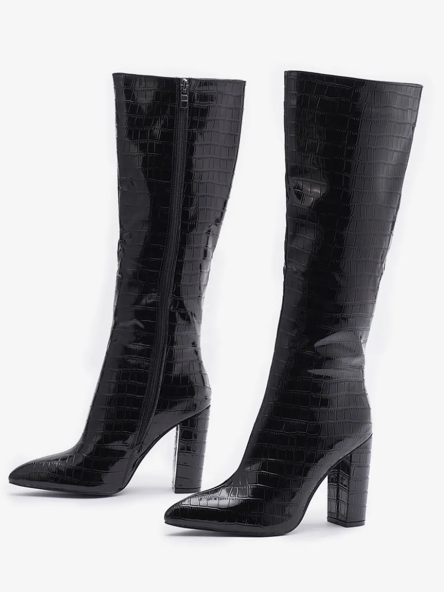 Bottes au Genou Femme en Cuir Synthétique avec Bout Pointu Unicolore
