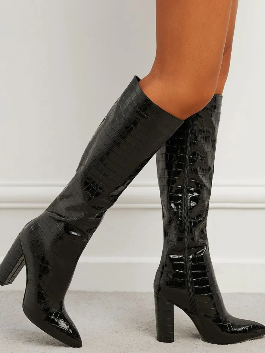 Bottes au Genou Femme en Cuir Synthétique avec Bout Pointu Unicolore