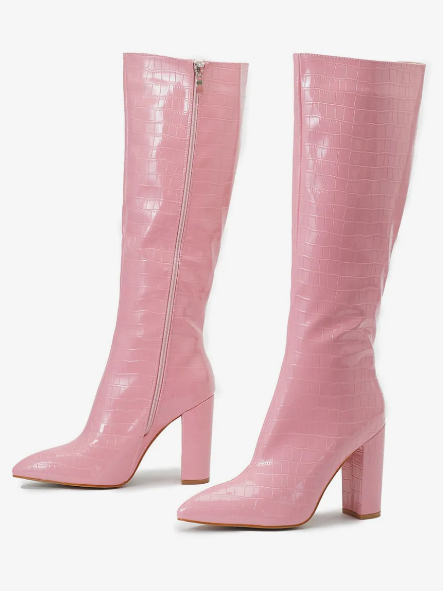 Bottes au Genou Femme en Cuir Synthétique avec Bout Pointu Unicolore