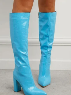 Bottes au Genou Femme en Cuir Synthétique avec Bout Pointu Unicolore