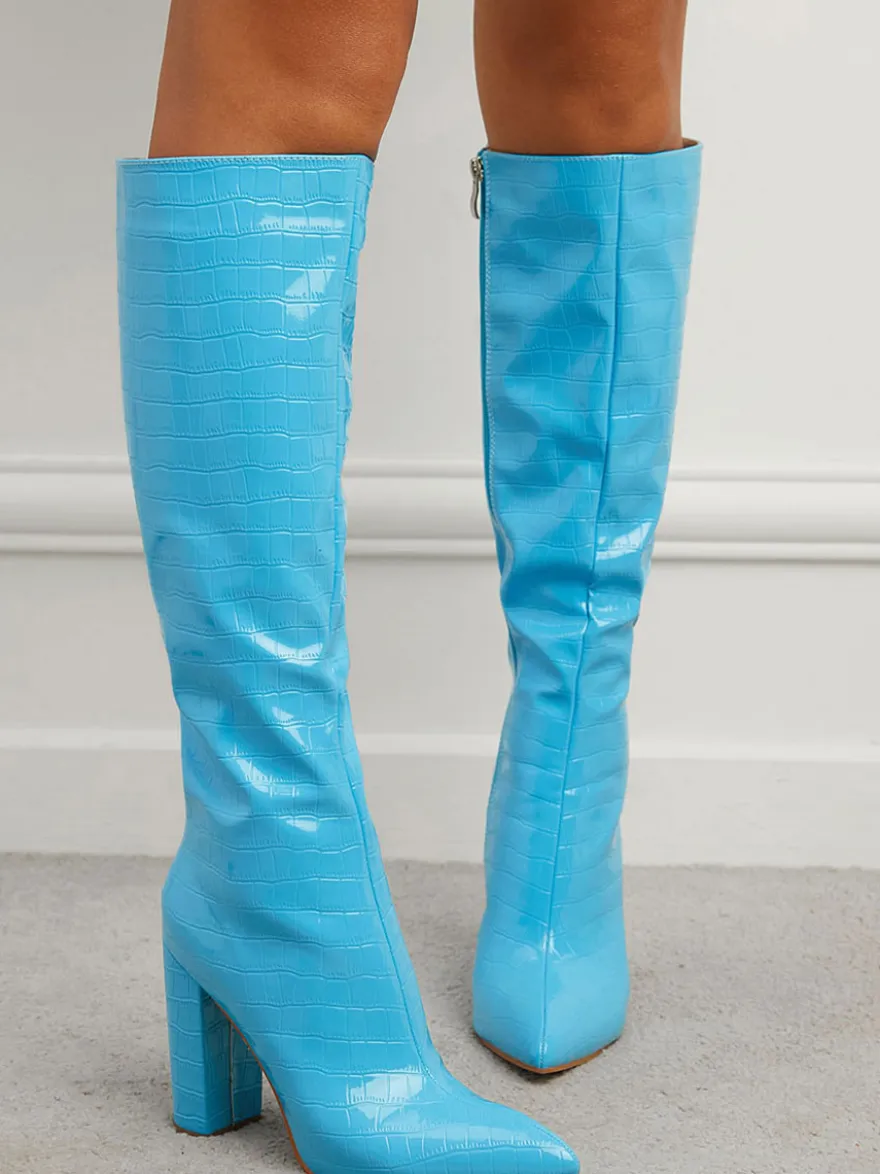 Bottes au Genou Femme en Cuir Synthétique avec Bout Pointu Unicolore