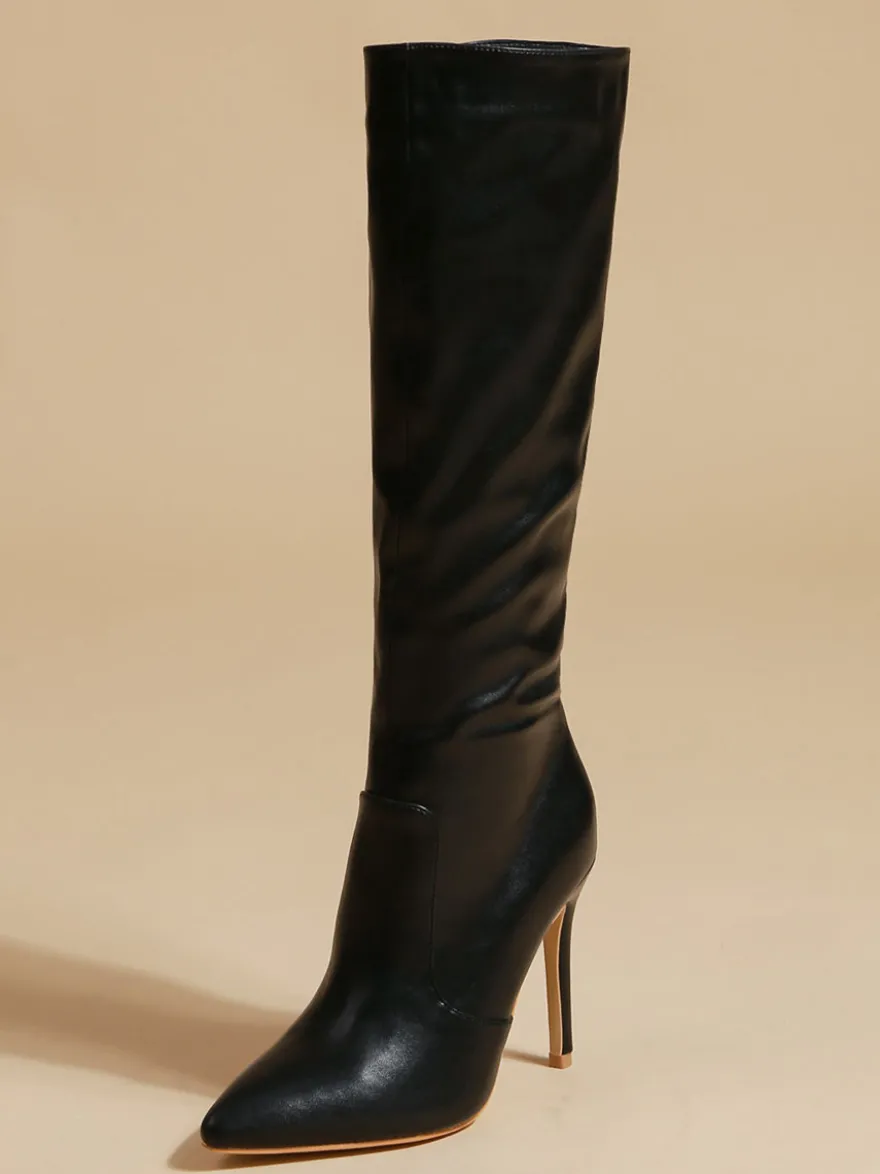 Bottes au Genou Femme en Cuir Synthétique avec Bout Pointu Unicolore