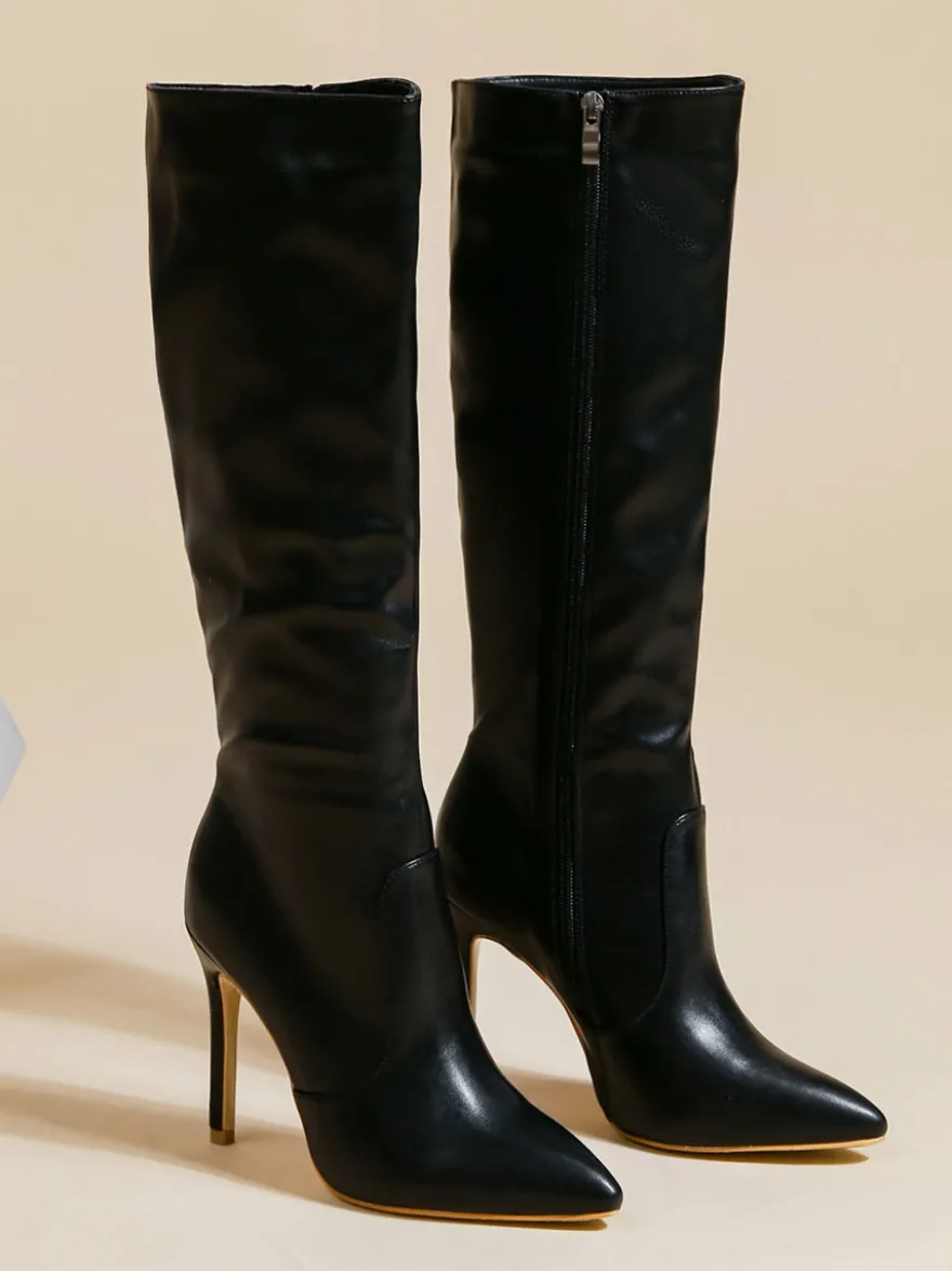 Bottes au Genou Femme en Cuir Synthétique avec Bout Pointu Unicolore