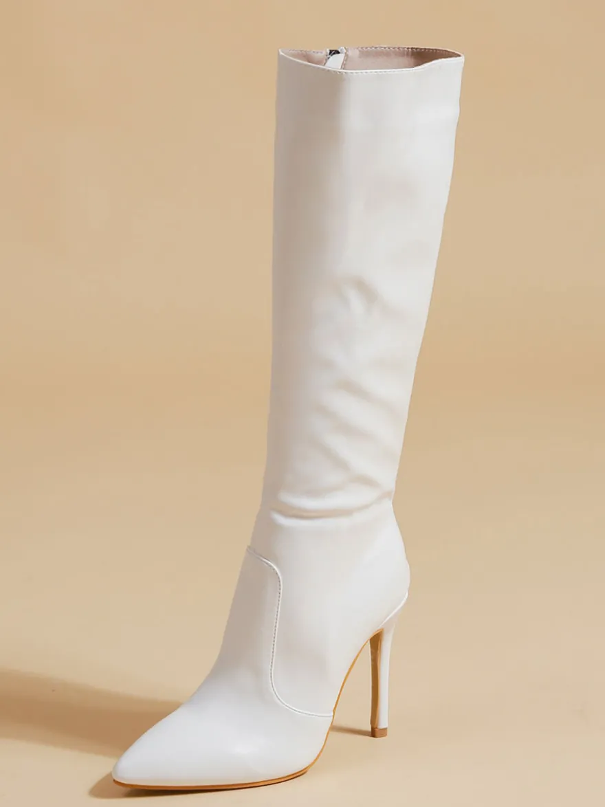 Bottes au Genou Femme en Cuir Synthétique avec Bout Pointu Unicolore