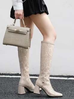 Bottes au Genou Femme à Talons Hauts avec Bout Carré en Cuir Synthétique Imprimés