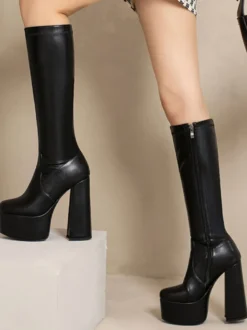 Bottes au Genou Femme à Talons Hauts avec Bout Rond en Cuir Synthétique Unicolore