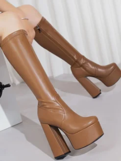 Bottes au Genou Femme à Talons Hauts avec Bout Rond en Cuir Synthétique Unicolore