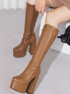 Bottes au Genou Femme à Talons Hauts avec Bout Rond en Cuir Synthétique Unicolore