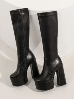 Bottes au Genou Femme à Talons Hauts avec Bout Rond en Cuir Synthétique Unicolore
