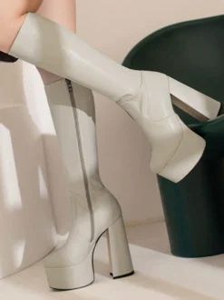 Bottes au Genou Femme à Talons Hauts avec Bout Rond en Cuir Synthétique Unicolore