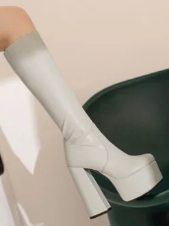 Bottes au Genou Femme à Talons Hauts avec Bout Rond en Cuir Synthétique Unicolore