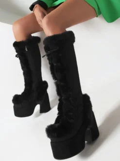 Bottes Au Genou Kaki À Talons Épais Chaussures Compensées Fausse Fourrure Femmes