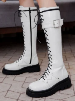 Bottes au Genou Noir Bout Rond Bretelles Réglables Flatforms Quotidien Décontracté Bottes pour Femmes