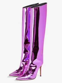 Bottes au genou pour femmes métalliques à bout pointu et talon aiguille bottes au genou