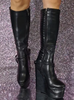 Bottes au genou à talon compensé en cuir PU pour femmes