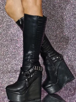 Bottes au genou à talon compensé en cuir PU pour femmes