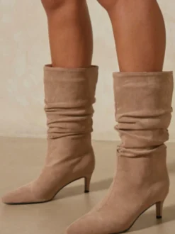 Bottes au Genou à Talons Hauts avec Bout Pointu Unicolore