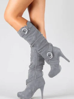 Bottes au Genou à Talons Hauts avec Bout Rond Unicolore
