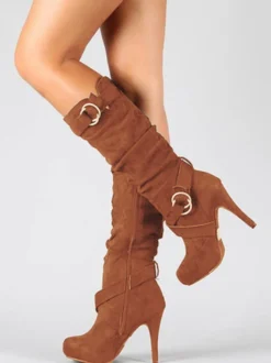 Bottes au Genou à Talons Hauts avec Bout Rond Unicolore