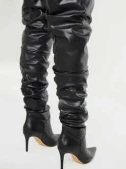 Bottes au Genou à Talons Hauts avec Bout Pointu en Cuir Synthétique Unicolore