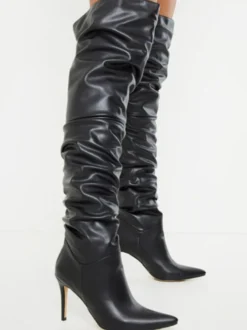 Bottes au Genou à Talons Hauts avec Bout Pointu en Cuir Synthétique Unicolore