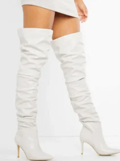 Bottes au Genou à Talons Hauts avec Bout Pointu en Cuir Synthétique Unicolore