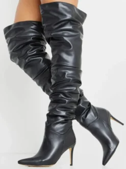 Bottes au Genou à Talons Hauts avec Bout Pointu en Cuir Synthétique Unicolore