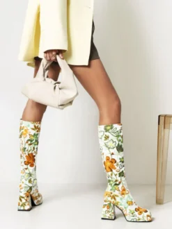 Bottes au Genou à Talons Hauts Femme Imprimés avec Bout Rond