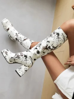 Bottes au Genou à Talons Hauts Femme Imprimés avec Bout Rond