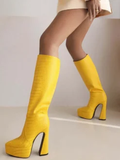 Bottes au Genou à Talons Hauts Femme avec Bout Pointu Unicolore