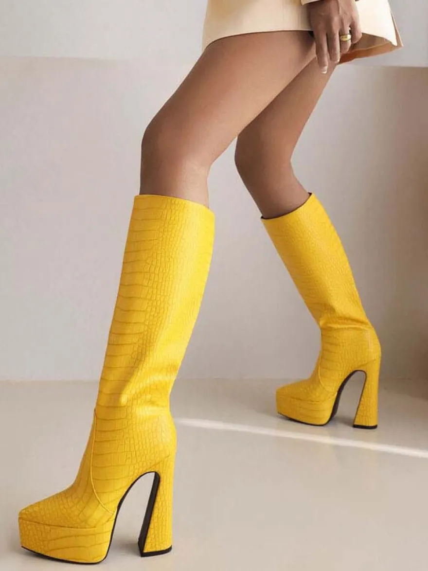 Bottes au Genou à Talons Hauts Femme avec Bout Pointu Unicolore