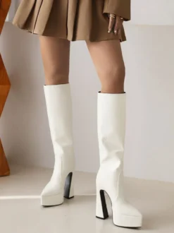 Bottes au Genou à Talons Hauts Femme avec Bout Pointu Unicolore