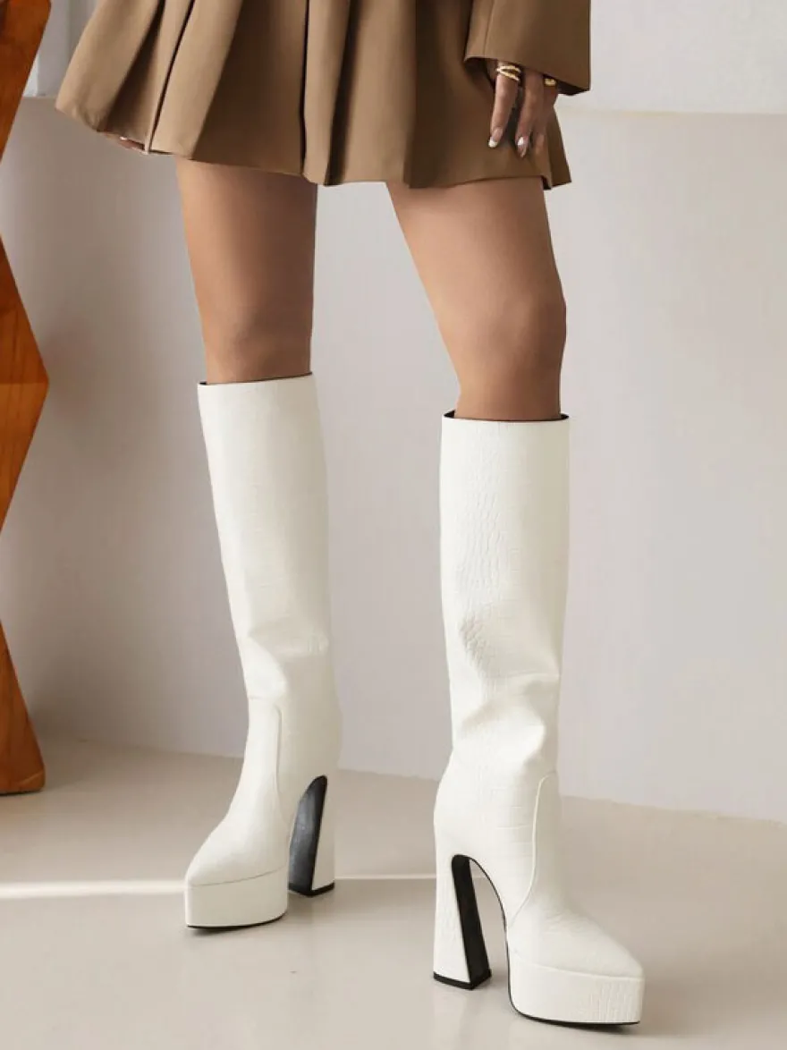 Bottes au Genou à Talons Hauts Femme avec Bout Pointu Unicolore