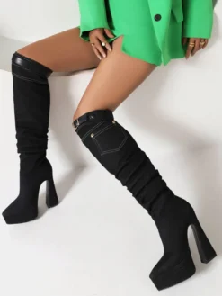 Bottes au Genou à Talons Hauts Femme avec Bout Pointu Unicolore