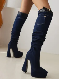 Bottes au Genou à Talons Hauts Femme avec Bout Pointu Unicolore