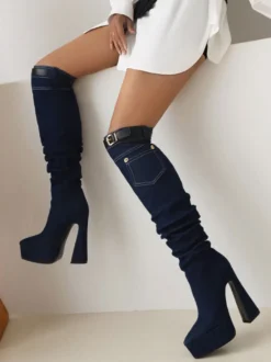 Bottes au Genou à Talons Hauts Femme avec Bout Pointu Unicolore