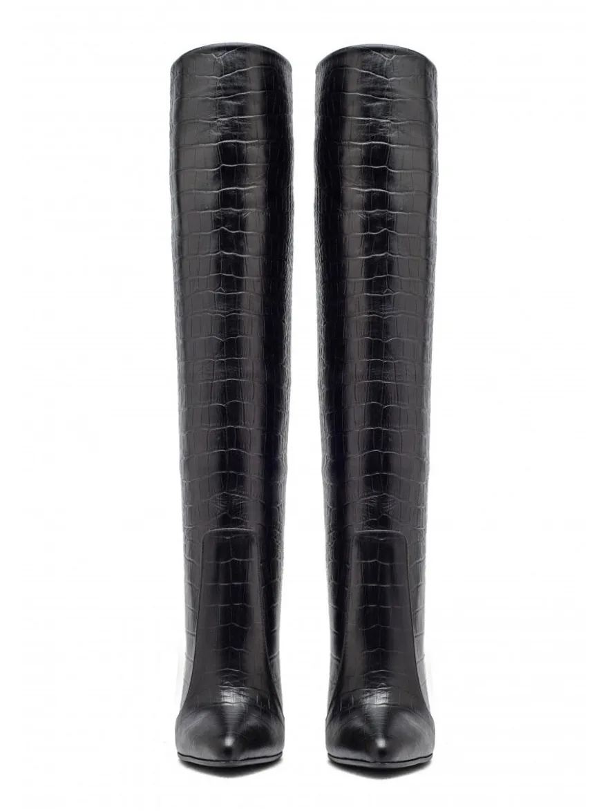 Bottes au Genou à Talons Hauts Femme avec Bout Rond Unicolore