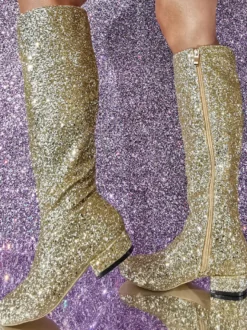 Bottes Aux Genoux En Tissu À Paillettes Pour Femmes Talon Carrée Talon Bas