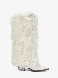 Bottes blanches hautes à bout pointu et talon épais en fausse fourrure pour femmes