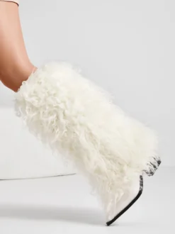 Bottes blanches hautes à bout pointu et talon épais en fausse fourrure pour femmes