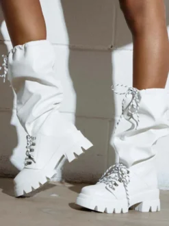 Bottes blanches mi-mollet pour femmes bottes plates à lacets et bout rond