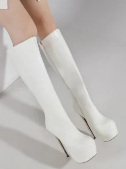 Bottes blanches sexy à plateforme et fermeture éclair jusqu'aux genoux